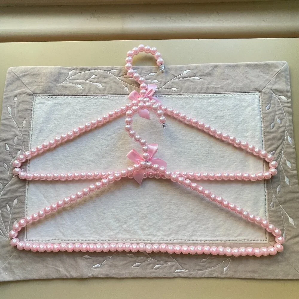 New Set of 2 Pink Pearl Hangers with Satin Bow Ribbon Clothing Glam Girlie